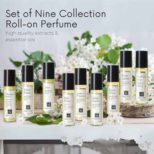 Nabila K Roll-on Perfume (Set of 9) with Essential Oils Alcohol-Free, All-Natural, Organic, Long-Lasting Fragrance - Travel-Size Perfume for Women - TSA Approved, 0.33 oz / 10 ml