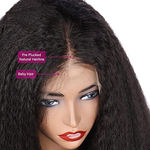 13X4 Kinky Straight Lace Front Wigs Human Hair for Women,26 inch Glueless Kinky Straight Human Hair Wig Pre Plucked HairLine with Baby Hair,180% Density Yaki Straight Lace Wigs Natural Black Color
