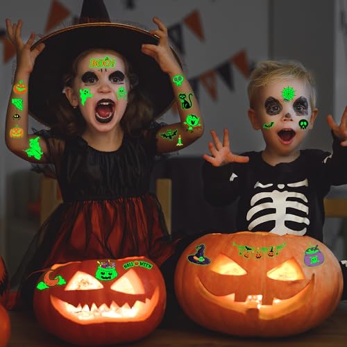 145 Styles Halloween Tattoos for Kids, 12PCS Halloween Luminous Tattoos, Glow in Dark Ghosts Pumpkin Fake Temporary Tattoos Stickers Bulk for Halloween Party Favors Accessories Supplies