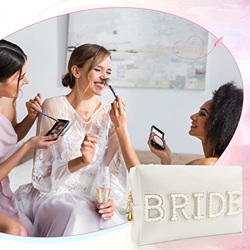 Bride Patch Letter Makeup Bag for Women Bridesmaid Engagement Gift for Her White Pearl Rhinestone Travel Toiletry Bag Make Up Bag Pouch for Purse Bridal Shower Gifts for Engagement Wedding
