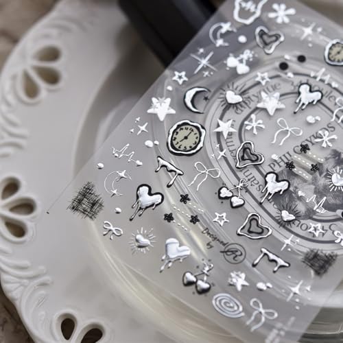 Silver Nail Art Stickers Heart Star Nail Decals with Metal Design 5D Embossed Self Adhesive Clock Nails Stickers Charms Supply for Women Girls Kid Manicure DIY Decorations