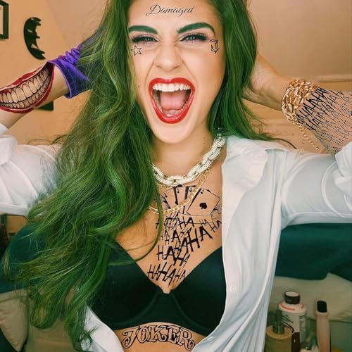 3 Sheets Joker Tattoos, Large-Size Halloween Temp Tattoo for Men, Realistic Waterproof Last-Long Fake Stickers for Suicide Squad Clown HQ Costume Cosplay Party Accessories Masquerade Makeup