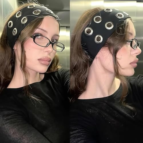 Grommet Headband for Women,Hollow Eyelet Elastic Headband,Wide Black Hollow Out Elastic Hair Band,Eyelets Stretchy Casual Hair Accessory(Black, Adjustable)