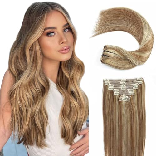Hair Extensions Clip in Human Hair Chestnut Brown Mixed Blonde Natural Hair 8pcs 120g Remy Human Hair Extensions Clip in Thick Hair Extensions for Woman(6/613,24inch)