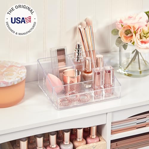 STORi Clear Plastic Small Countertop Vanity Makeup Organizer, Compact Rectangular 4-Compartment Holder for Brushes, Eyeshadow Palettes, & Beauty Supplies, Made in USA