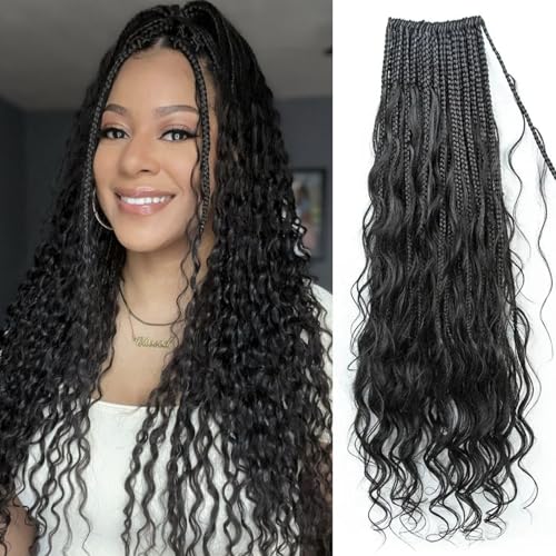 Crochet Boho Box Braids With Human Hair Pre-Looped Synthetic Braiding Goddess Braids Double Drawn Curly Full Ends Hair Extensions For Women Natural Color 2Pack/80 Stands 14Inch