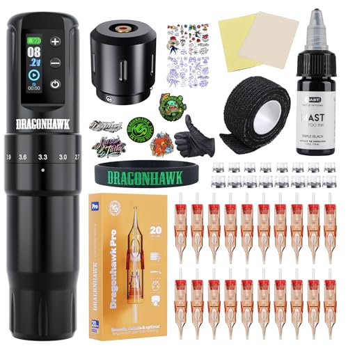 Dragonhawk Beginner Tattoo Kit Atom2 Pro Cordless Tattoo Gun Machine Pen Complete Tattoo Kit 7 Strokes 2.4-4.2mm