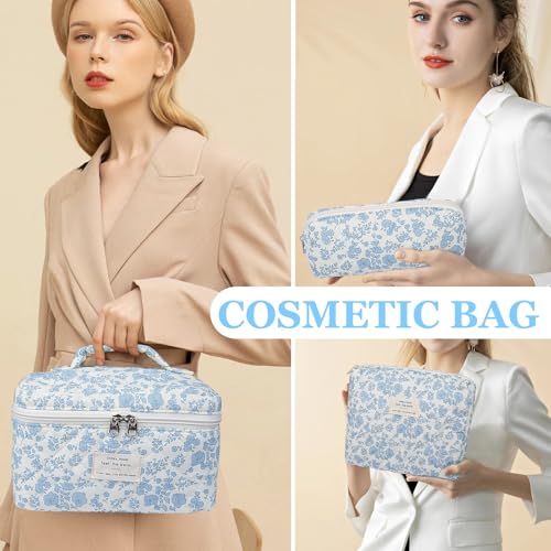 Makeup Bag, Large Quilted Cosmetic Bag, Big Floral Make Up Bag for Women Girls, Cute Cotton Makeup Bag Set, Flower Travel Toiletry Organizer Bag (Blue Flower)