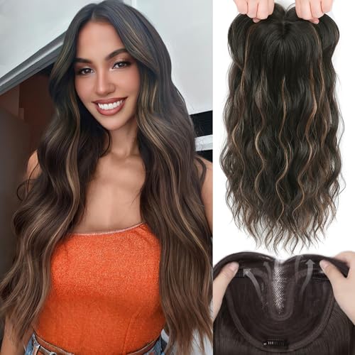 Hair Toppers for Women, 20 Inch Hand Tied Breathable Toppers Hairpieces for Women with Thinning Crown Middle Part Bangs Mix Human Hair Wavy Curly Lightweight Wiglets (Dark Brown Mixed Chestnut)