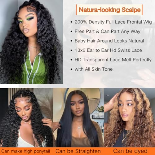 13x6 Deep Wave Lace Front Wigs Human Hair 200 Density 13x6 HD Transparent Deep Curly Lace Frontal Wig Pre Plucked with Baby Hair Wet and Wavy Glueless Wigs Natural Black for Women