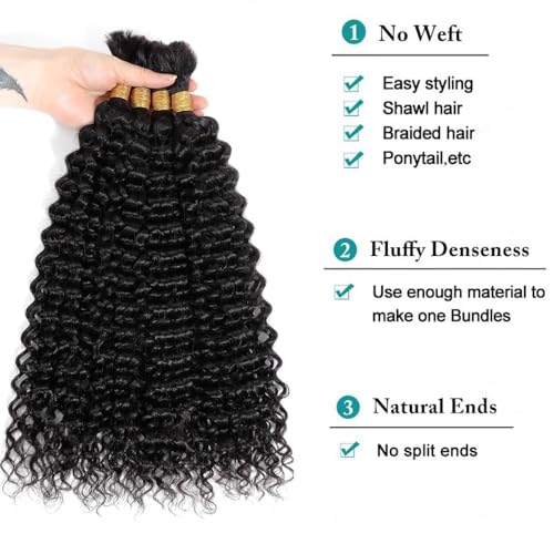 Human Braiding Hair Deep Wave Bulk for Braiding No Weft 12A Brazilian Virgin Curly Extensions for Boho Braids Wet and Wavy Hair (1B-Deep Wave, 22/200g)