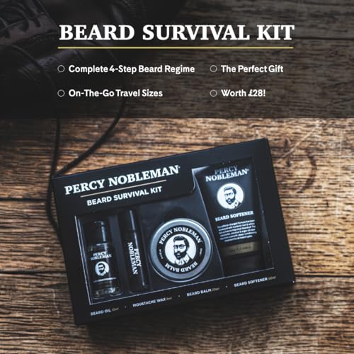 Percy Nobleman Beard Survival Kit, a Beard Grooming Kit containing a scented beard oil, beard balm, moustache wax, and a beard softener