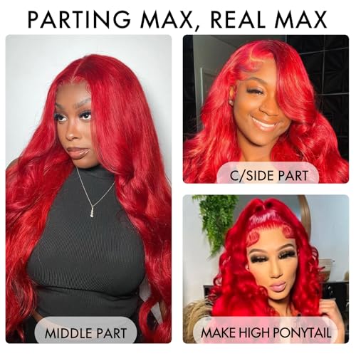 ELISHEVA Red Lace Front Wigs Human Hair Pre Plucked 30 Inch 16A 13x4 Red Wig Human Hair 200% Density Red HD Body Wave Lace Front Wigs Colored Glueless Frontal Wigs