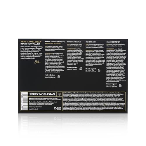 Percy Nobleman Beard Survival Kit, a Beard Grooming Kit containing a scented beard oil, beard balm, moustache wax, and a beard softener