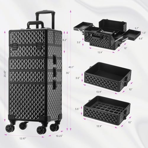 Leeora&Leekoo Portable Multi-Storey Nail Case for Nail Tech Organizer - Wheels Makeup Case Organizer, Cosmetic Case, Makeup Train Case, Make Up Case 8036(Black)