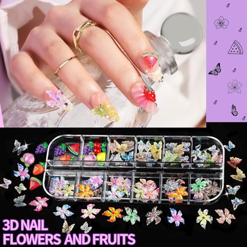 FANDAMEI Nail Charms and Gems, 8 Boxes Nail Art Kit for Design, Multi-Shape Rhinestones for Nails Flat Back Pearls Jewels, 3D Fruit Flower Candy Nail Charms, Gold Nail Studs Jewels