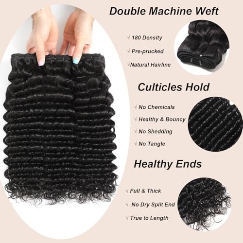 12A Human Hair Bundles with Closure-Deep Wave Bundles 20 22 24+18 Inch 5x5 HD Lace Closure Water Wave, Wet and Wavy 100% Brazilian Virgin Deep Curly 3 Bundles Human Hair Quick Weave Bundle for Women