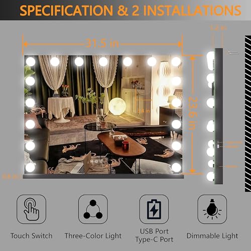 Hasipu Vanity Mirror with Lights, 32" x 24" Hollywood Mirror, Makeup Mirror with 17 Dimmable Bulbs and 10X Magnification, 3 Colors Modes, Touch Control, USB Charging Port, Type-C (Square Black)