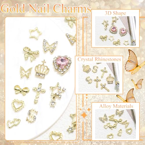180PCS Gold Nail Charms: Cross Crystal Star, 3D Gold Butterfly, Sparkly Crown, Shiny Dollar Sign, Bling Cross Bowknot Starlight for Nail Art and DIY