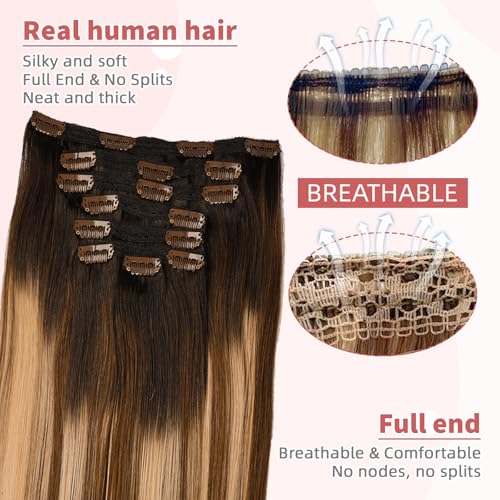 human hair clip in extensions,Soft&Natural clip in hair extensions real human hair 120g 7pcs Straight (24 Inch, 1B/4/27)