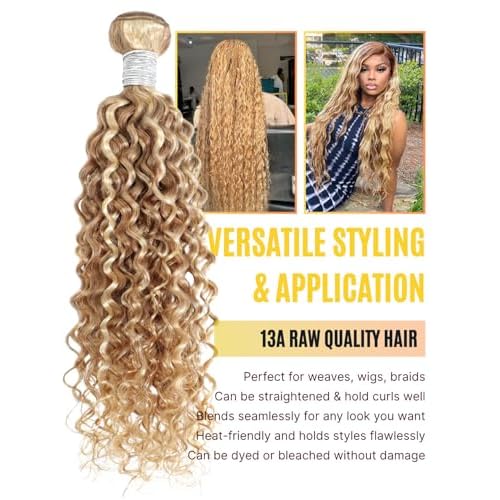 13A 27/613 Human Hair Bundles Water Wave 16 18 20 Inch, Highlight Blonde Curly 3 Bundles Wet n Wavy 100% Raw Hair Keep Silky And Soft After Washing #F27/613 Highlight Honey Blonde Sew In Weave