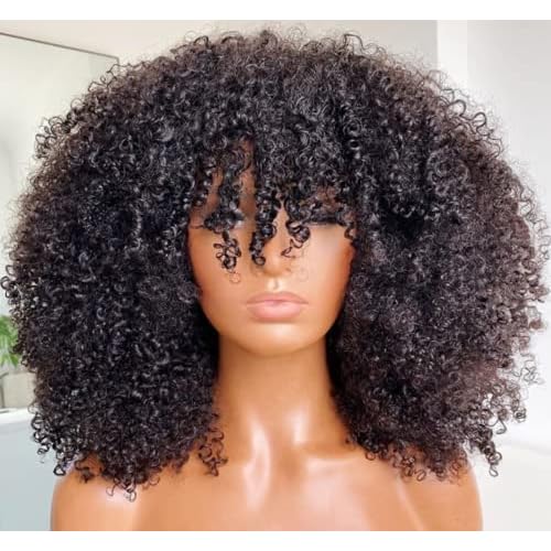Afro Kinky Curly Wig With Bangs 200 Density Full Machine Made Human Hair Wig Scalp Top Wig Brazilian Short Curly Wigs For Black Women Natural Color 14 Inch
