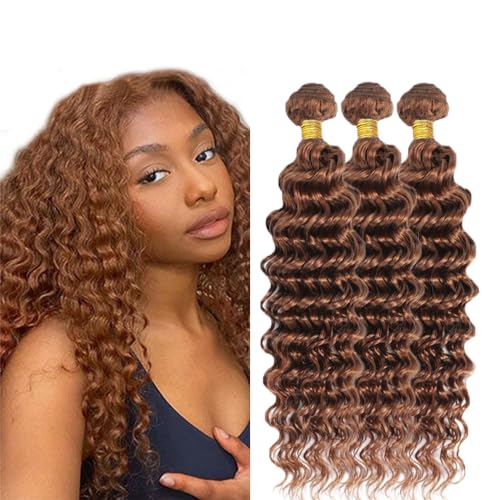 Color #30 Human Hair Deep Wave Bundles 8A Grade Peruvian Virgin Hair 3 Bundles 12 14 16 Inch Brown Hair Extensions