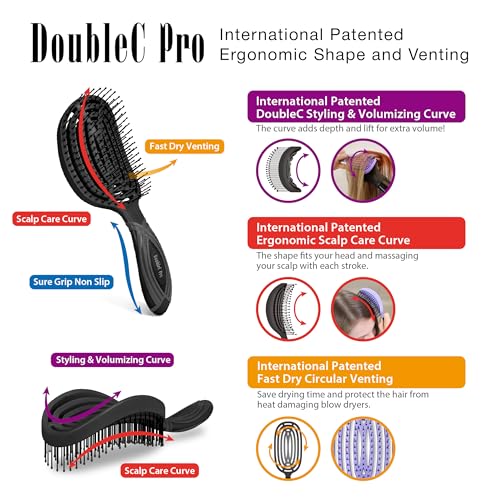 NuWay 4HAIR¢ç DoubleC PRO¢ç U.S. Patented Double Curved Detangling Brush is Hair Dryer Safe (Iron Black)
