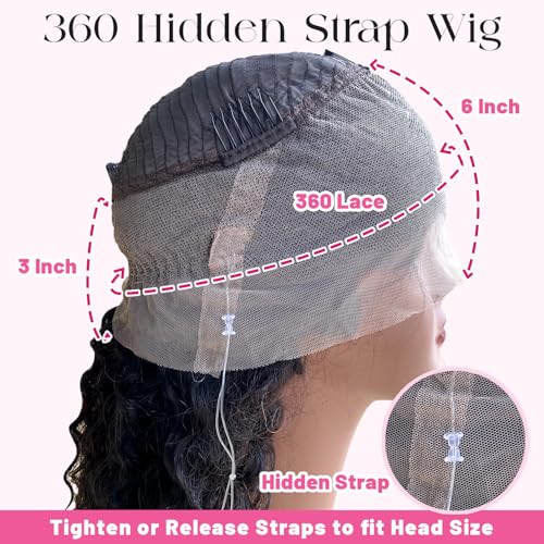 Lace Frontal Wigs 360 Drawstring Wig Human Hair 24 Inch Pre Plucked Hidden Strap 360 Lace Front Wigs Human hair Water Wave 180% Density Curly Wet and Wavy HD 360 Human Hair Wig Full Lace