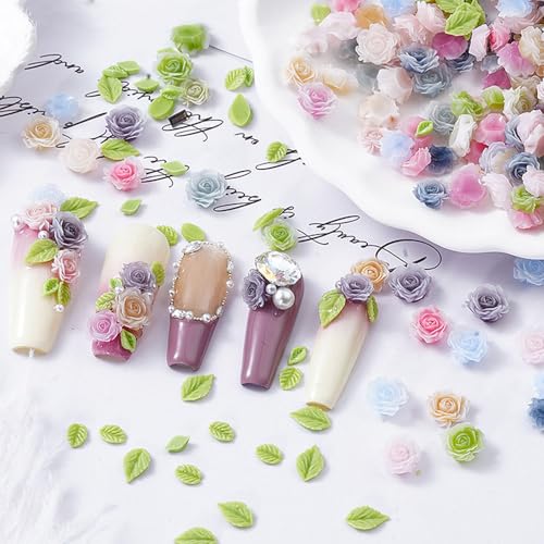 100pcs 3D Camellias Rose Flower Nail Art Charms with Nail Pearls Cute Leaves Flower Nail Charms for Acrylic Nails Colorful Nail Flowers for Nails Charms Floral Nail Charm Resin Charms for Nails Design
