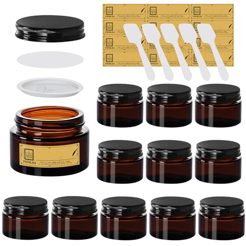 1.75 oz Glass Jars with Lids,Amber,12 Pack Empty Cosmetic Containers with Inner lids and Inner Liners,Black Metal Lids,Refillable Round Airtight Jars,Use to store Lotion,Powders,Candle Making