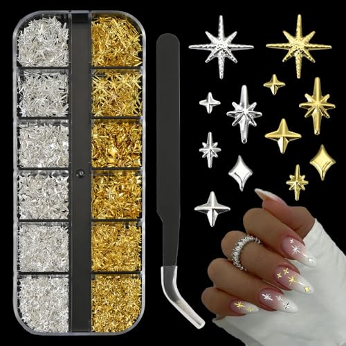 2500Pcs Star Nail Charms, Silver & Gold Nail Charms Bulk for DIY 3D Nail Art Charms & Charms for Nails Design
