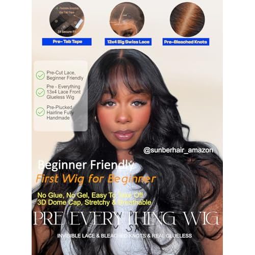 Sunber Put On and Go Glueless Wigs Pre Plucked Pre Bleached Human Hair Loose Wace With Curtain Bangs Bye Bye Knots Pre Cut Lace 13X4 HD Lace Front Wig 16Inch