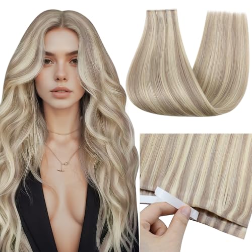 Full Shine Blonde Tape in Hair Extensions Human Hair Color 18 Ash Blonde And 613 Blonde Tape in Weft Hair Extensions Human Hair Invisible Skin Weft Tape ins 24Inch 50G One Piece Natural for Full Head