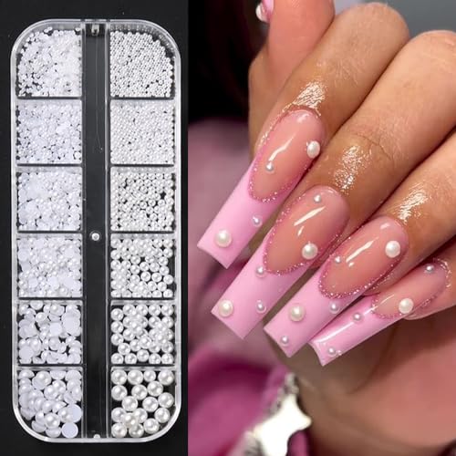 Multi Sizes Round and Half Round Pearls 3D Nail Charms, White Flatback Pearls Nail Jewelry for Women Girls Manicure Nails Supplies DIY Crafts Decorations¡¦¡¦