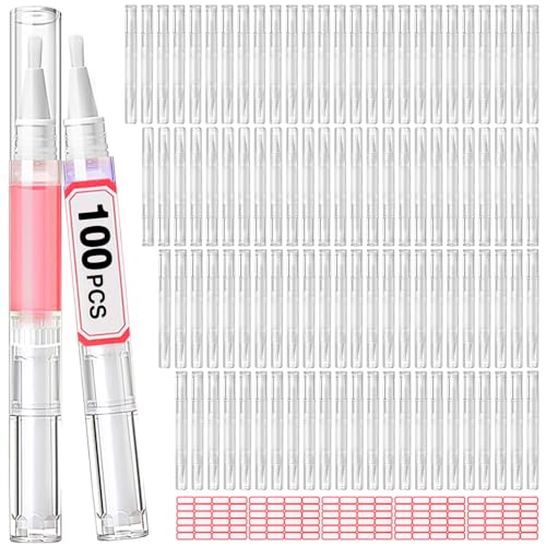 Nail Oil Pen 100Pcs 3ml Empty Cuticle Oil Pen Travel Transparent Twist Pens with Brush Tip for Nail Oil, Eyelash Growth Liquid Tube, Cosmetic Lip Gloss Container Applicators + 120pcs Label