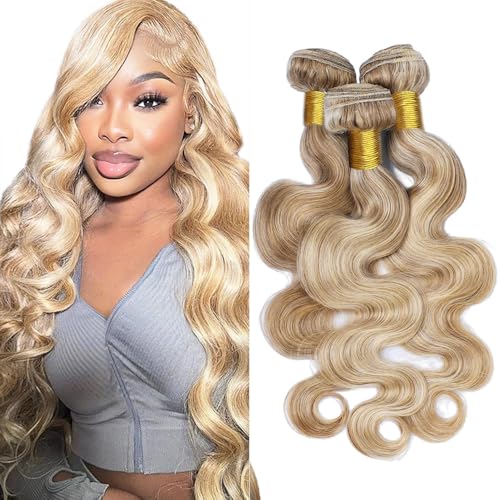 30/32/34 Inch P27613 Highlight Honey Blonde Body Wave Bundles Human Hair Ombre Bundles #27 Warm Honey & #613 Cool Light Blonde Mix Double Weft Brazilian Human Hair Extensions