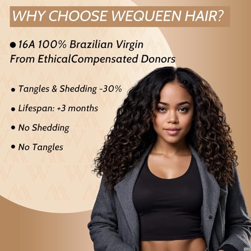 Wequeen 16A Deep Wave Human Hair Bundles 18 20 22 Inch 100% Unprocessed Brazilian Virgin Hair Quick Weave Bundles Human Hair Extensions Real Human Hair, Natural Black