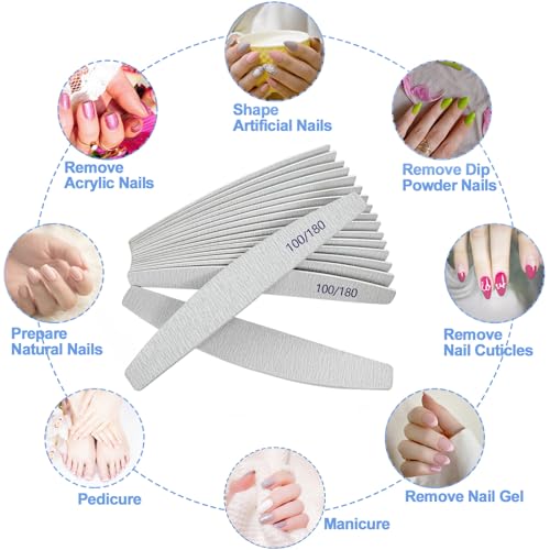 Nail Files (12 Pack), 100/180 Grit Wooden Emery Board Nail File Double Sided Wood Emory Fingernail Files for Natural Nails Professional Reusable Manicure Pedicure Curved