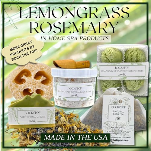 | 6 Lemongrass Rosemary Self Care Gifts for Women, Aromatherapy Epsom Salt Bath Soak, Lavender Soap, Bath Bombs, Bath Salts with Plant Based Loofa Dry Brushing Body Brush Gift