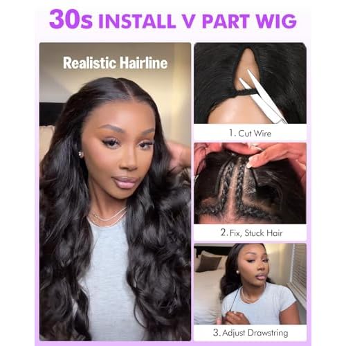 V Part Wigs Human Hair 250% Density Body Wave Upgrade U Part Human Hair Wigs with Drawstring No Leave Out No Sew Glueless Clip In Half Wig for Women (Natural Black, 22 Inch)