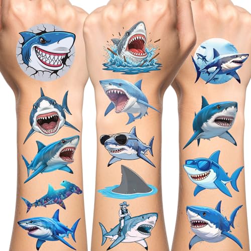 Shark Temporary Tattoos | Ocean Themed Shark Party Decorations Birthday Party Favors Supplies Accessories Stickers Under The Sea Themed Gift Idea For Kids Teen Boy Girl Adult 60Pcs 4 Sheets Pre-cut