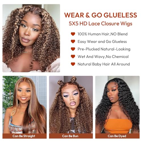 Highlight Deep Wave 5x5 HD Lace Closure Wigs Human Hair Glueless P4/27 Ombre Lace Closure Wig for Black Women 180 Density Honey Blonde Closure Wigs Pre Plucked 28 Inch
