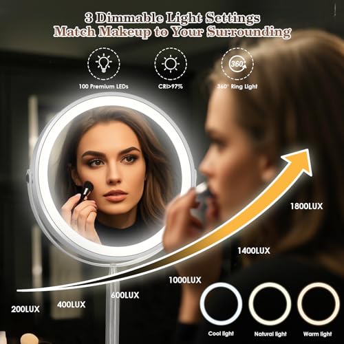 VESAUR 15X Magnifying Mirror with Light, 9.5 Large 5000mAh Rechargeable Double Sided HD Lighted Makeup Mirror with 3 Touch Dimmable Light, 360¡Æ Swivel Detachable for Travel Vanity Mirror Nickel, Gifts