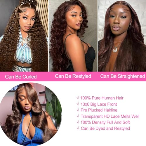 Chocolate Brown Body Wave Wig Human Hair 30 Inch 13x6 Body Wave Lace Front Wig Human Hair Unprocessed Virgin Remy Hair Glueless Brown Wigs with Baby Hair Pre Plucked for Women