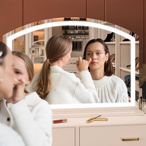 Hasipu Arch Vanity Mirror with Light, 36" x 24" Arched Led Makeup Mirror with 10X Magnification, Tabletop Desk Mirror, Dimmable 3 Colors Mode
