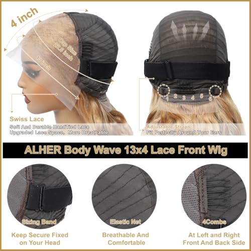 ALHER Honey Blonde Lace Frontal Wig Human Hair 24 Inch Body Wave, 180% Density Blonde #27 Colored 13x4 HD Lace Front Wig Pre Plucked With Baby Hair Ear to Ear, 12A 100% Virgin Remy Hair for Women