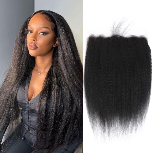 Kinky Straight Frontal 13x6 Frontal Human Hair Transparent HD Lace Frontal Yaki Straight Frontal Closure 100% Human Hair Ear to Ear Lace Frontal Natural Black Color 20Inch 150% Density