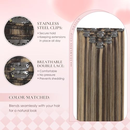 22 Inch Clip-in Real Human Hair Extensions,7 Pieces with 16 Clips,Chocolate Brown Highlighted Caramel Blonde 105 Gram Silky Straight Hair,Remy Thick Invisible, No Shedding