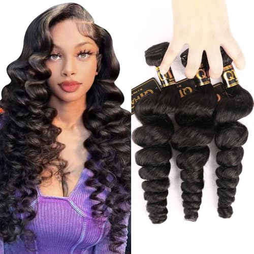 QTHAIR 16a Brazilian Loose Wave Human Hair Bundles for Black Women (18" 20" 20",Natural Black #1b) Loose Body Wave Human Hair Bundles Loose Wave